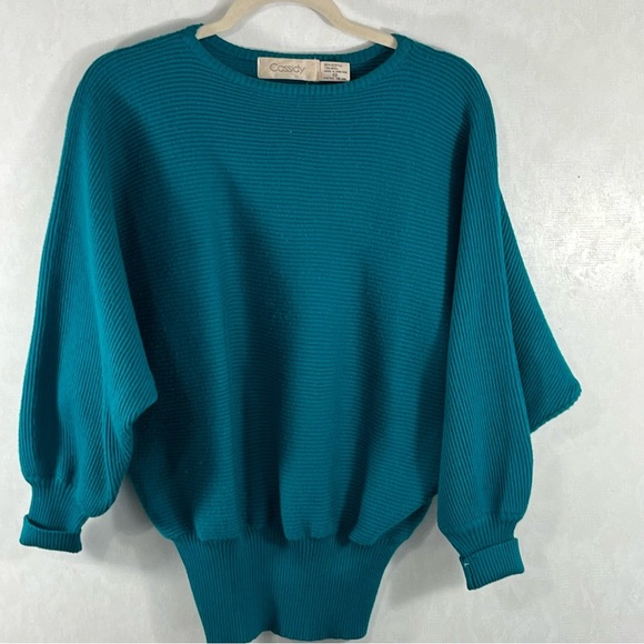 Cassidy Wool Blend Teal Blue Crew Neck Sweater Balloon Sleeves Ribbed Texture - Picture 1 of 6